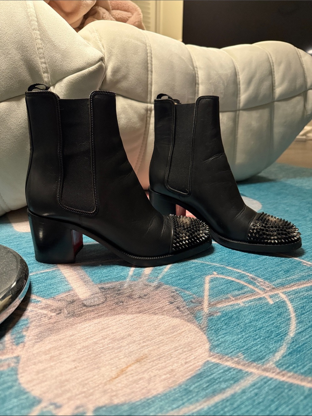 Christian Louboutin Spike Black Studded Leather Ankle Boots with Chunky Heels